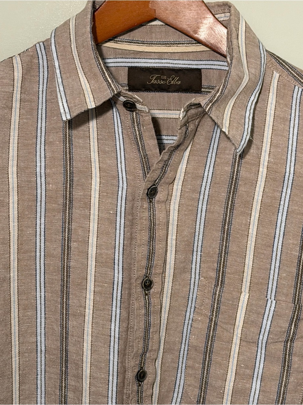 Tasso Elba Men's Beige Stripe Button-Down Camp Shirt 55/45 Linen/Cotton.
